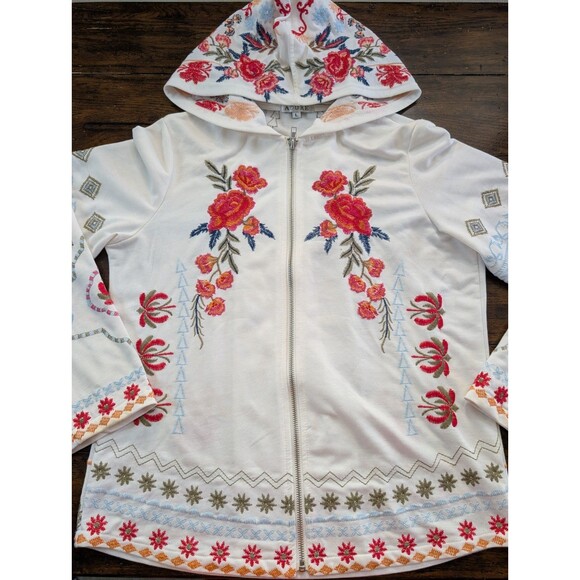Adore Embroidered Full-zip Hoodie Large White Floral Flowers Boho Colorful - Picture 2 of 13